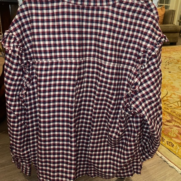 Something Navy Jaime Maroon White Ruffle Sleeve Plaid Button Up Long Sleeve Top - Picture 5 of 6